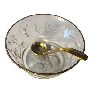 Etched Glass Berry Bowl with Gold Rim & Spoon – 5 x 2.25 x 3" – Embossed Blackbe